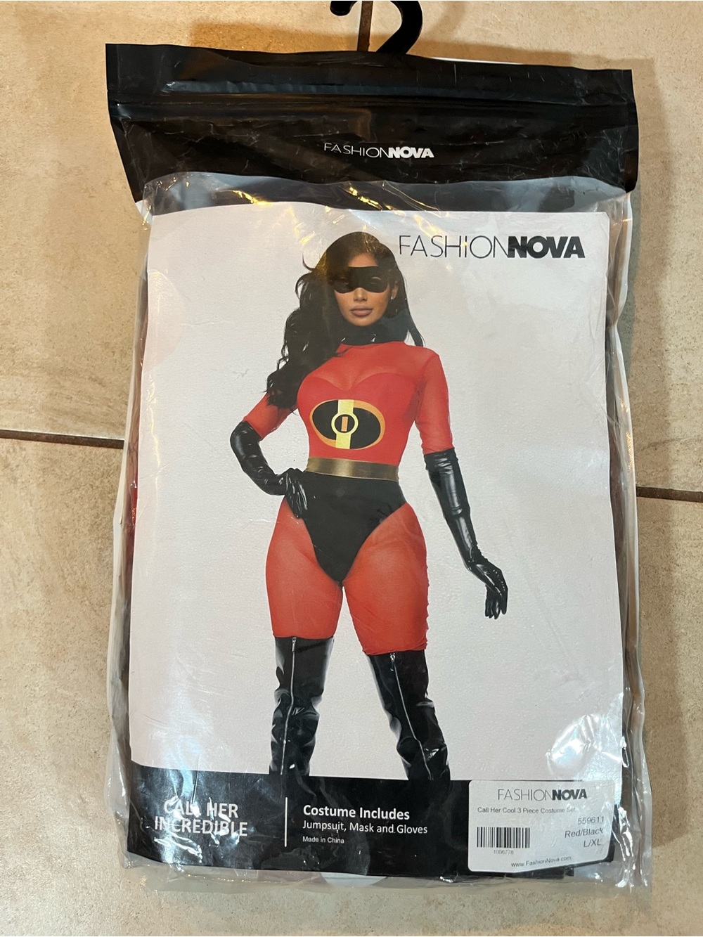 Fashion Nova Red and Black Superhero Jumpsuit Costume with Gold Emblem